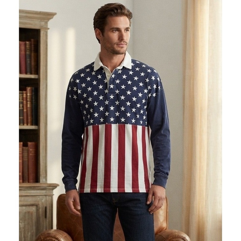 VTG Structure USA Flag Stripes Long Sleeve Rugby Polo Shirt Men's XL Cotton 90s